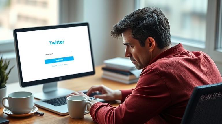 alt_text: Person at desk viewing Twitter login, worried about password reset, with helpful, relatable scene.