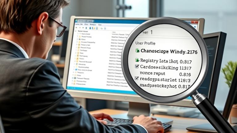 alt_text: Person editing Windows 7 Registry to change user profiles, showing registry keys and tools.