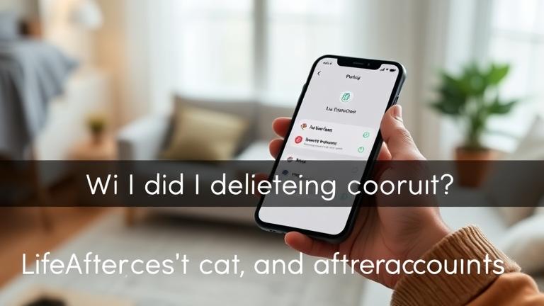 Person with smartphone showing LifeAfter app, highlighting account deletion in a modern, calming setting.