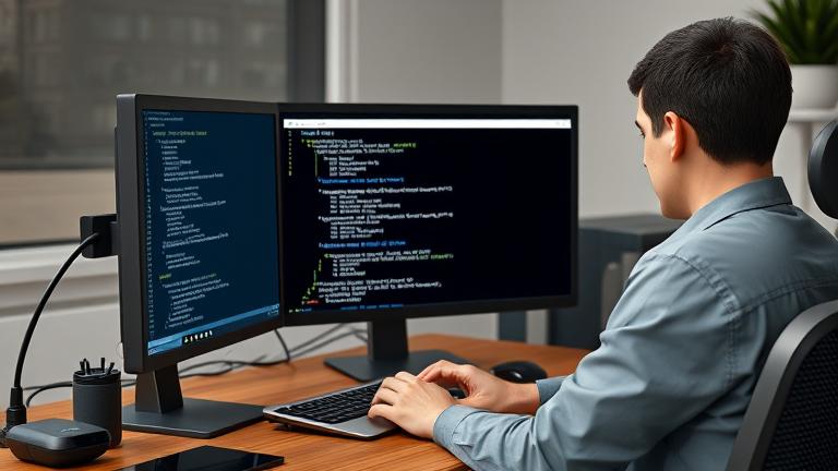 alt_text: Person at desk with terminal open, running GIMP via command line in a professional, detailed setting.