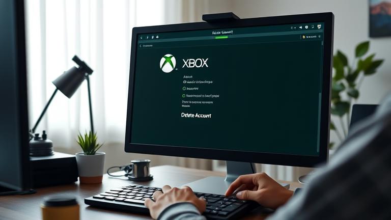 alt_text: Person manages Xbox account on monitor, hovering over delete option in a home office.