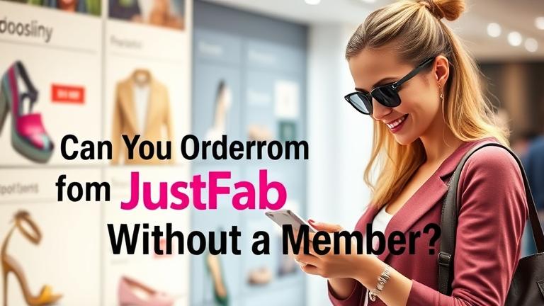 alt_text: Stylish woman shopping online with footwear, accessories, and a bold "Can You Order from JustFab Without Being a Member?" overlay.