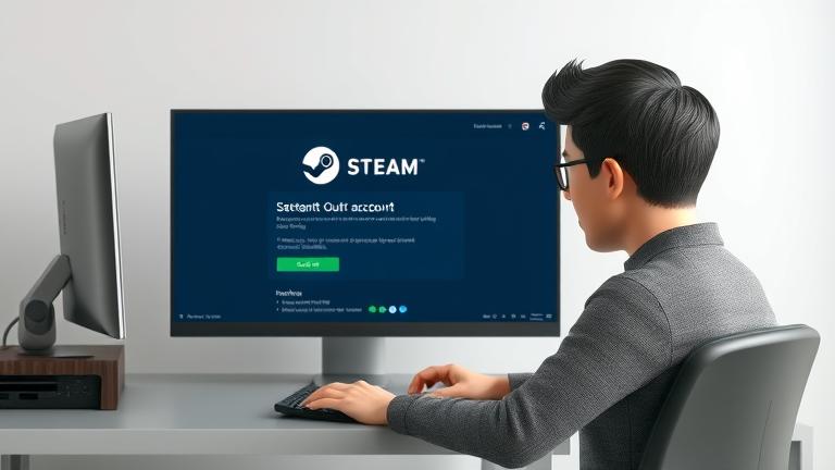 alt_text: Person at desk viewing Steam account deletion page with neutral background and logo.