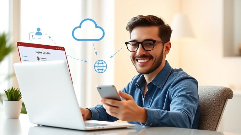 alt_text: A confident person manages Google contacts on device, with icons and cloud signifying auto-sync.