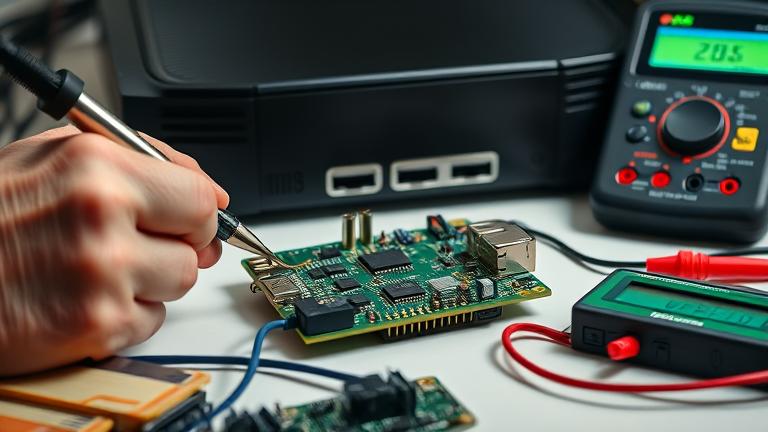 alt_text: Hands soldering Xbox USB adapter on PCB with tools, console in background, detailed workspace.