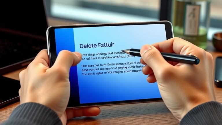 alt_text: Person erasing text on Samsung Galaxy Stylus 4 in a modern workspace setting.