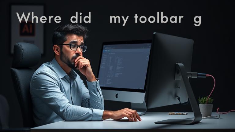 alt_text: Frustrated designer puzzled over missing toolbar in Illustrator, troubleshooting interface issue.