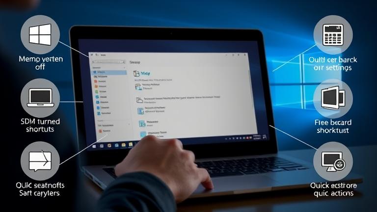 alt_text: Person manages Windows 10 screen with settings, shortcuts, and controls on laptop display.