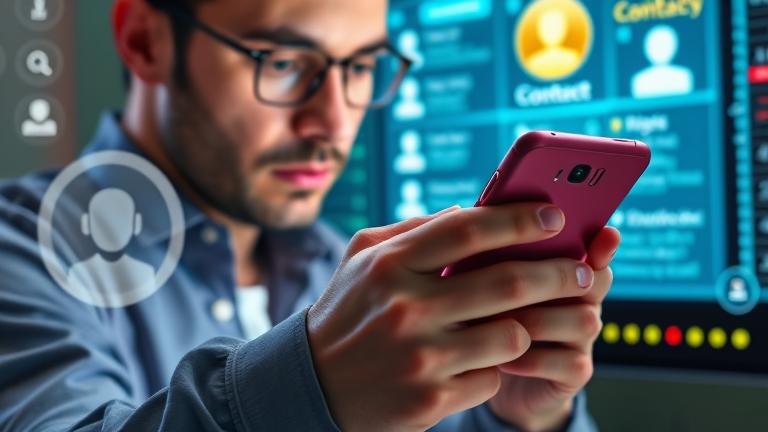 alt_text: Person using Android phone with icons for contact recovery, tech colors, and recovery options.