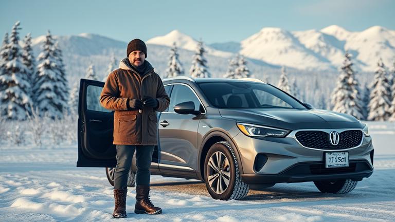 alt_text: Person selling a car in snowy Alaska, holding keys or a "For Sale" sign outdoors.