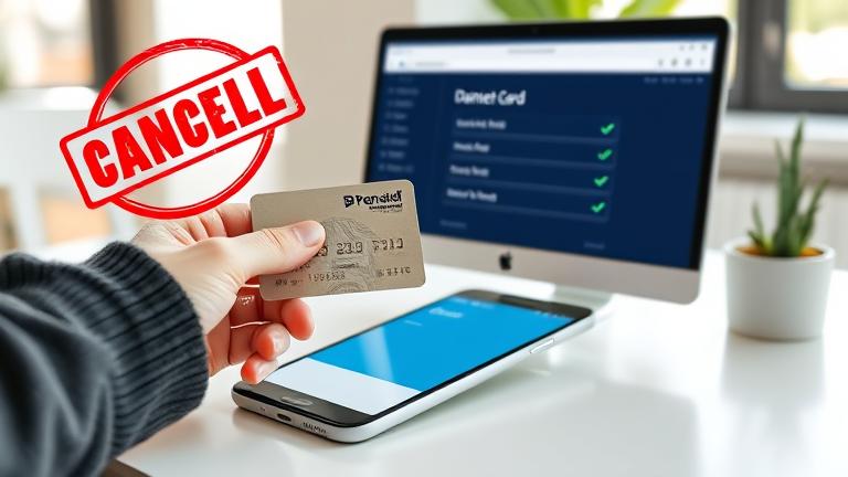 alt_text: Person cancels prepaid card via banking app on phone in bright, modern workspace.