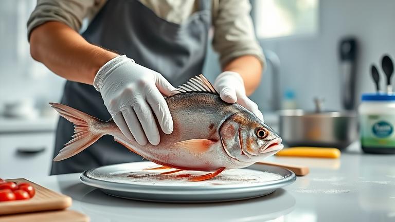 alt_text: Person cleaning a triggerfish with gloves in a bright, clean kitchen for instruction.
