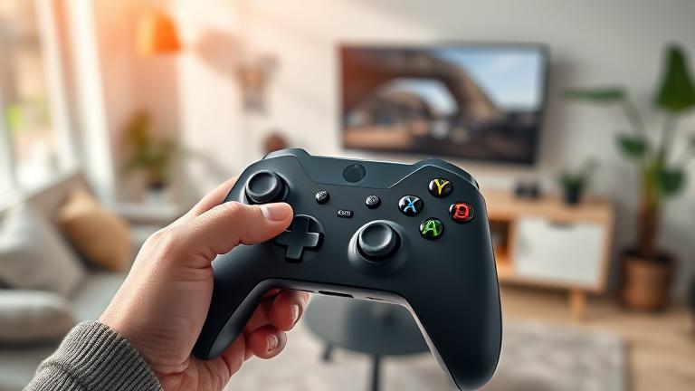 alt_text: Person connects Xbox controller to iPhone in cozy gaming setup, bright and inviting.