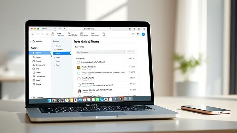 alt_text: MacBook screen shows Outlook email recovery, with deleted items and restoring icons.
