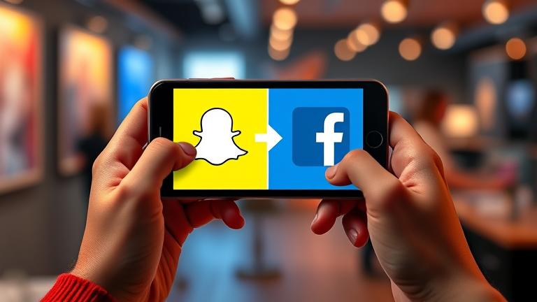 alt_text: Person holding smartphone with Snapchat and Facebook logos, sharing videos in a social-media setting.
