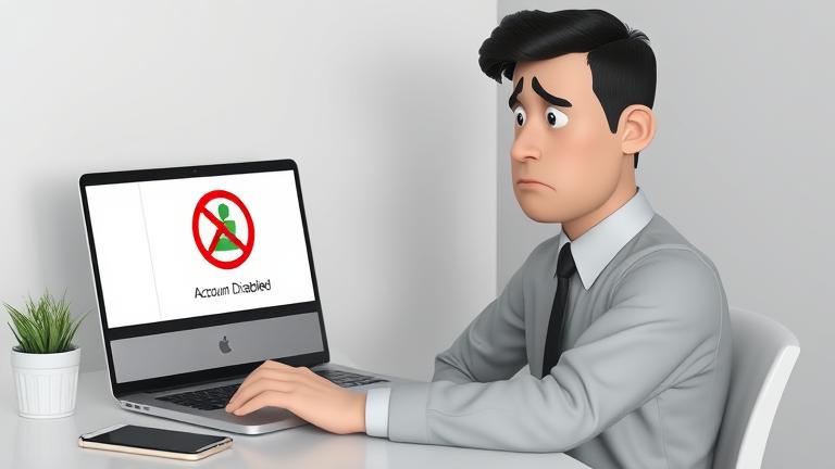 alt_text: Frustrated freelancer at desk, laptop shows disabled Fiverr account, with search results for recovery.
