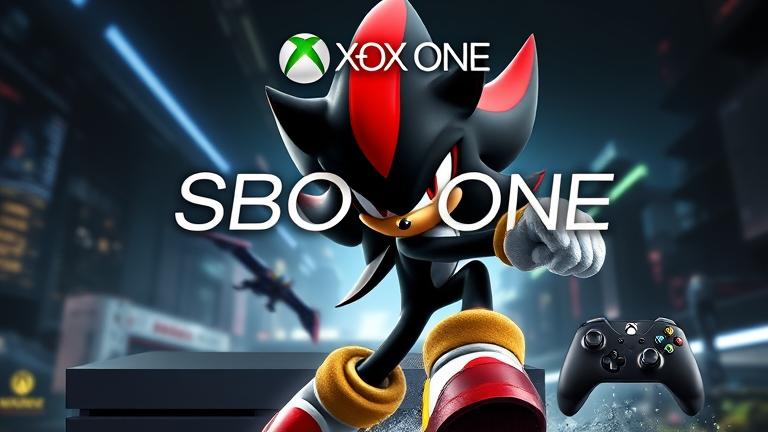 alt_text: Shadow the Hedgehog on Xbox One with futuristic city, console, and controller visuals.