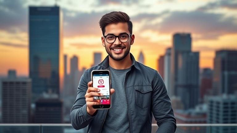 alt_text: Confident person with phone, cityscape, Instagram screen, icons show social media fame.