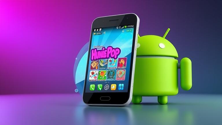 alt_text: Android phone showing HuniePop game interface with vibrant colors and Android branding.