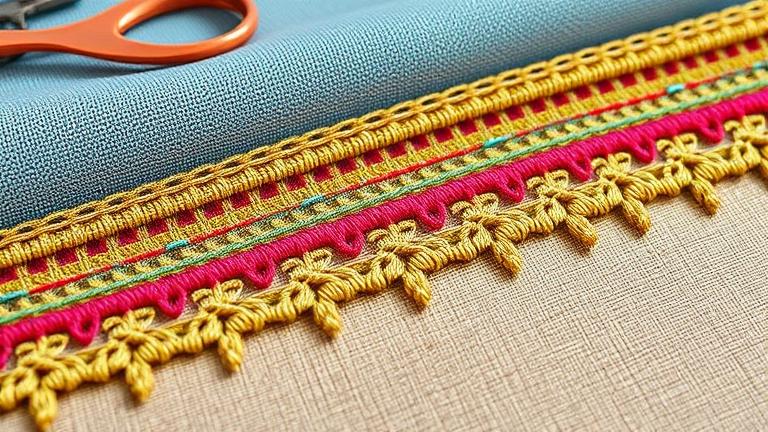 alt_text: Close-up of colorful gimp fabric trim with sewing tools and fabric in the background.