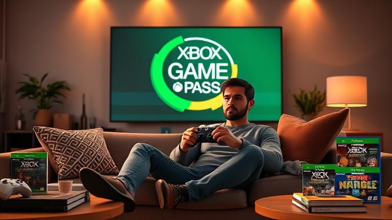 alt_text: Person on sofa with Xbox Game Pass countdown, surrounded by game cases, pondering ownership.