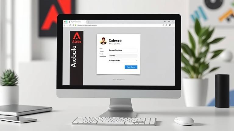 alt_text: User deletes Adobe ID account on tablet with Adobe branding in a modern workspace.