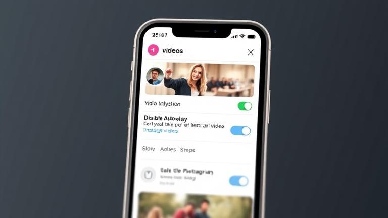 alt_text: Smartphone showing Instagram feed with paused videos and auto-play toggle hints.