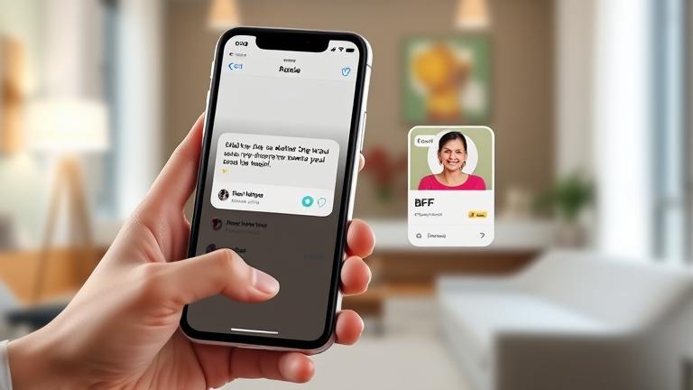 alt_text: Smartphone with dating app deleting options, next to a friendly BFF chat, modern background.