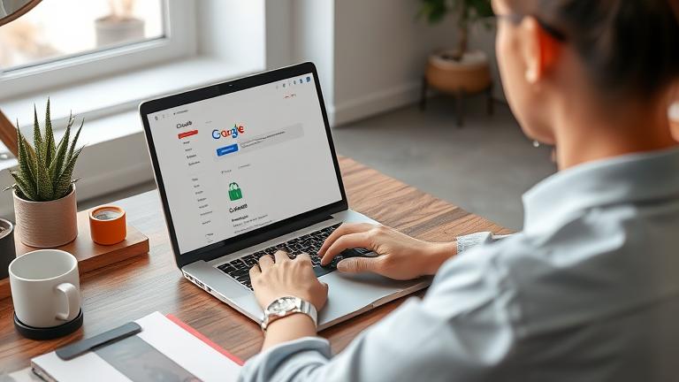 alt_text: Person at desk deleting emails on Gmail, with phone, coffee, and desk accessories.
