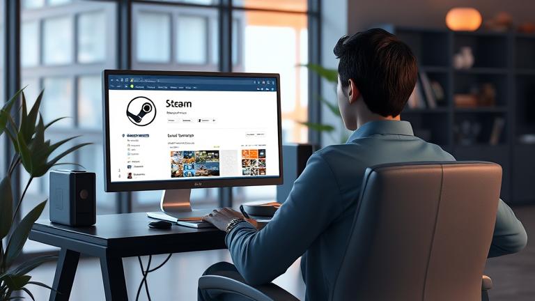 alt_text: Person at computer in a modern space, managing Steam groups, preparing to leave or delete.