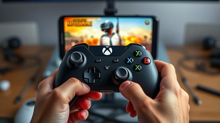 alt_text: Person holding Xbox controller with PUBG Mobile on phone, highlighting gaming connection.