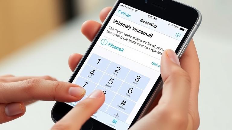 alt_text: iPhone 6 Plus screen showing voicemail setup, held by person navigating menus.