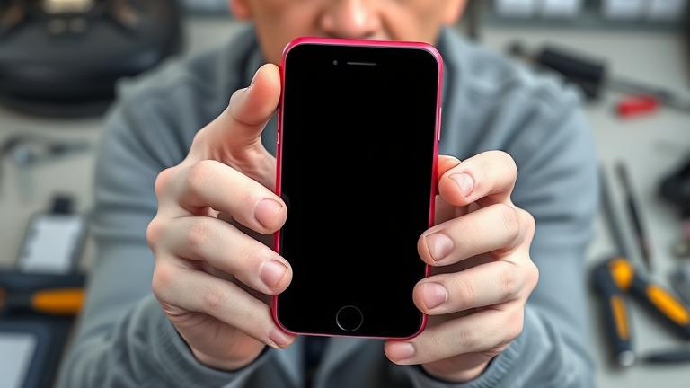 alt_text: Technician repairing iPhone 5c with tools in a modern workspace, highlighting troubleshooting.