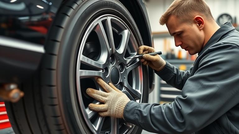 alt_text: Mechanic inspecting a bent car rim in an auto repair shop with tools and equipment.