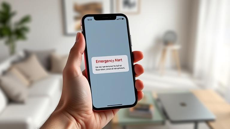 alt_text: iPhone with emergency alert in hand, in a modern workspace, helping to remove alerts.