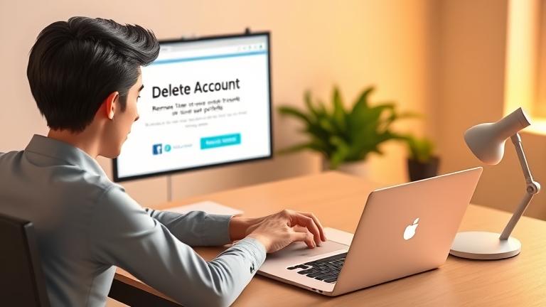 alt_text: Person at desk viewing a "Delete Account" page with tech icons, suggesting online account removal.