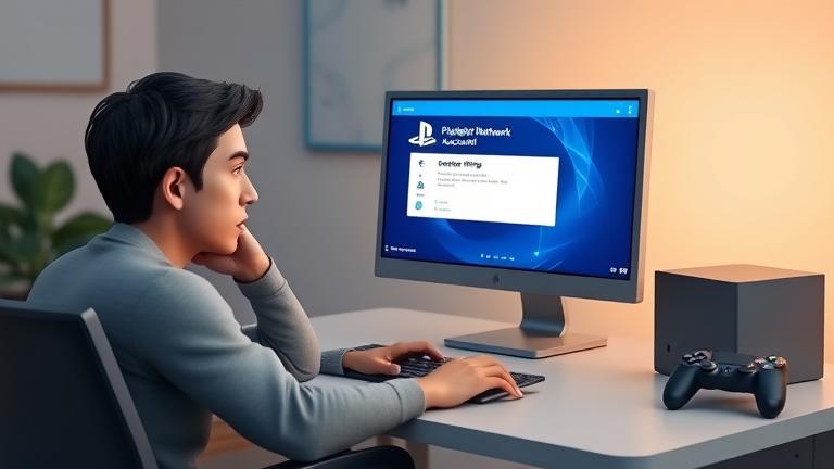 alt_text: Person contemplating deleting their PSN account at a desk with PlayStation branding.