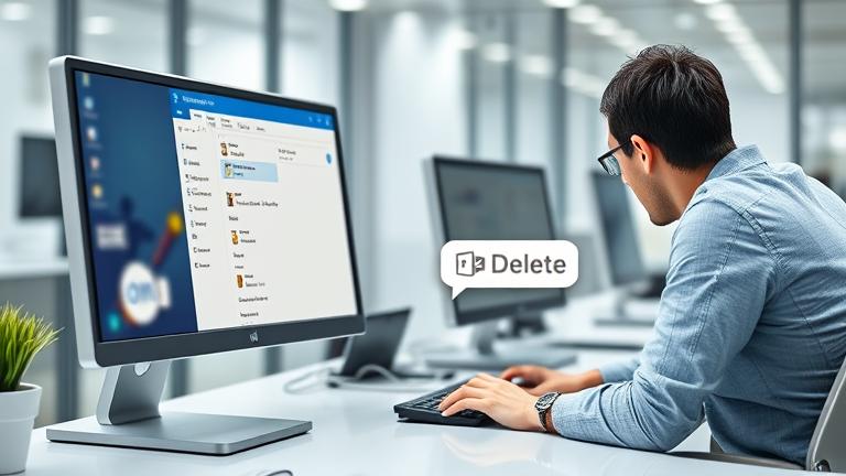 alt_text: Person managing Outlook 2013 account removal in a professional office setting.