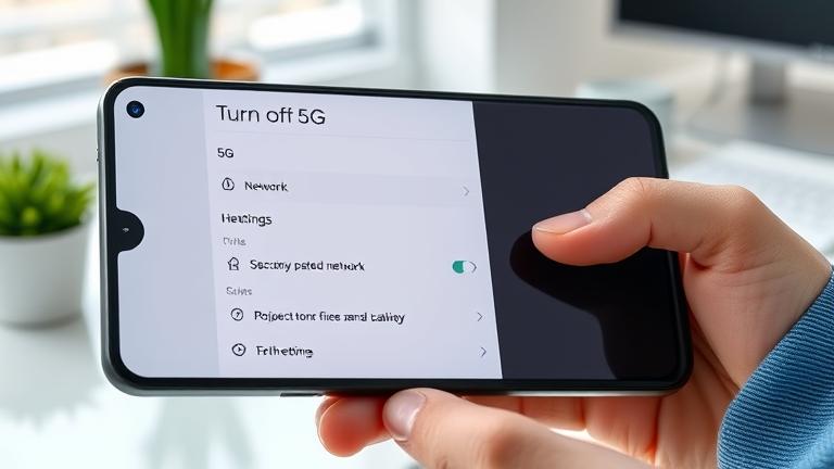 alt_text: Galaxy S22 displaying network settings to turn off 5G, held in hand with a modern background.