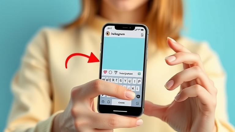alt_text: Young adult holding smartphone, editing an Instagram caption with line breaks highlighted.