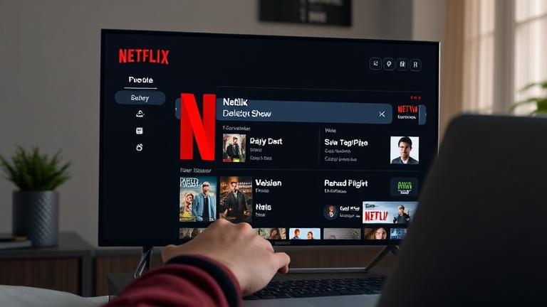 alt_text: User deletes a show on Netflix app open on TV/laptop with remote/keyboard, Netflix logo visible.