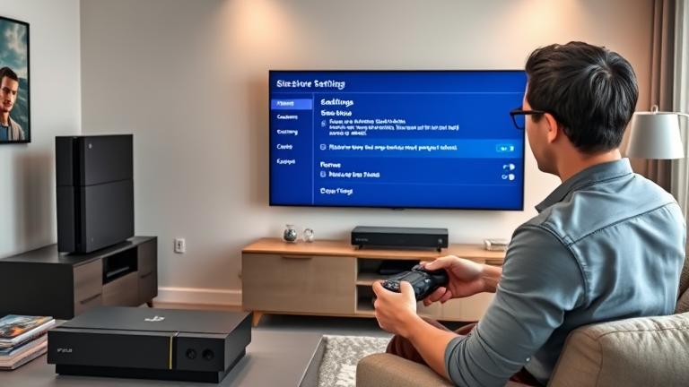 alt_text: Person manages PS4 gameshare settings in a modern living room with console and TV.