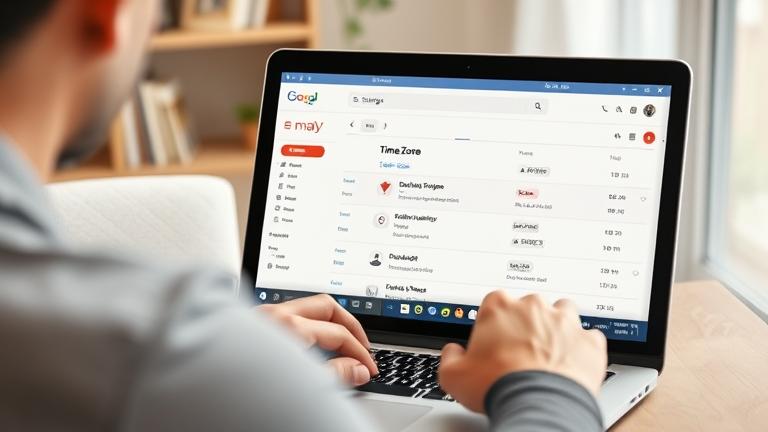 alt_text: Person adjusting Gmail time zone in settings on laptop in modern home office.