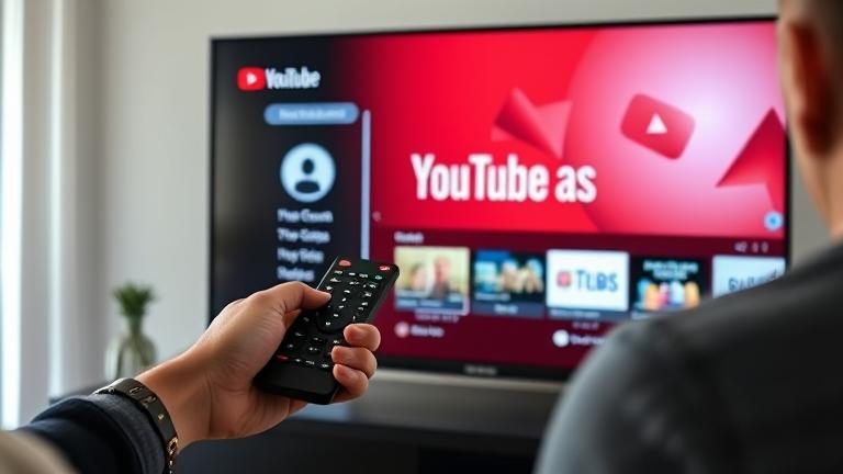alt_text: Person using remote to manage YouTube account on TV screen, with logo and settings menu.
