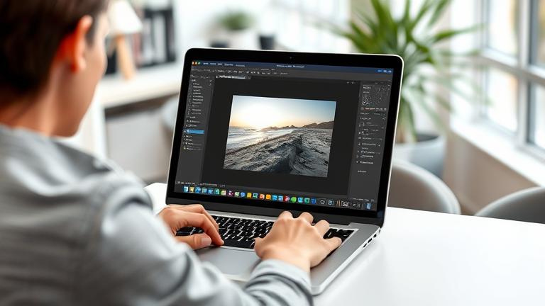 alt_text: Person editing an image in Photoshop, using desaturation tools in a modern workspace.