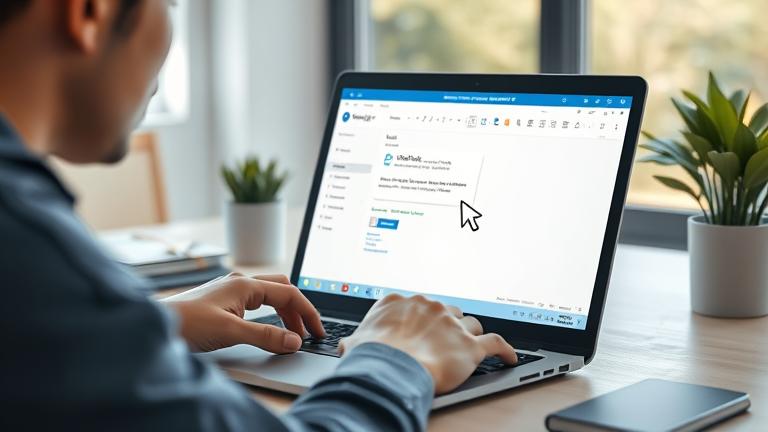alt_text: Person deletes emails on Outlook in a tidy, well-lit workspace for email management.