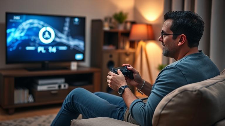 alt_text: Gamer frustrated with slow PS4, paused screen, cluttered setup, warm lighting, home gaming vibe.