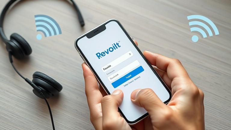 alt_text: Person frustrated trying to log into Revolut app on new phone, with support tools nearby.