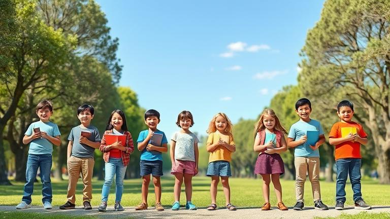 alt_text: Diverse 12-year-olds outdoors, showcasing growth, health, and curiosity about height.