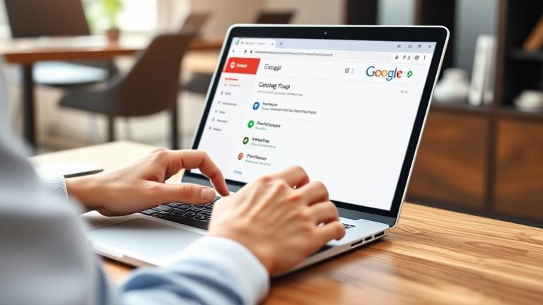 alt_text: Person manages Google Group on laptop in a modern workspace, showing delete options.